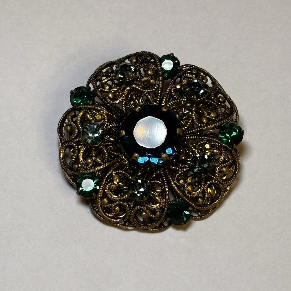 Vtg Signed Czechoslovakia Brooch Brass Filigree Jewelry Blue Green